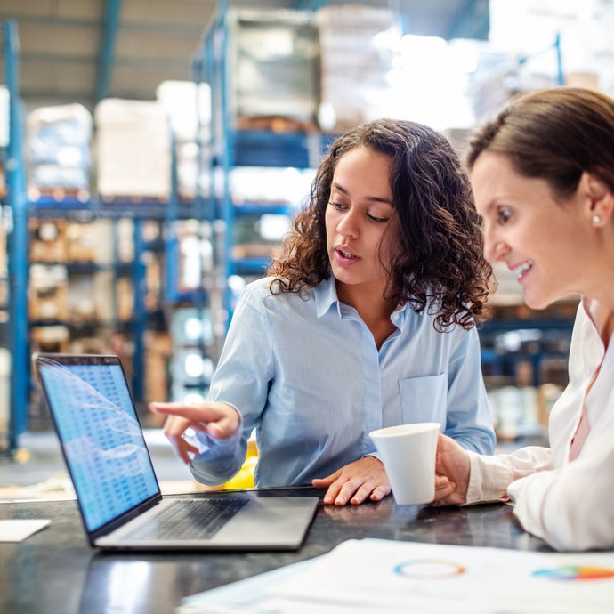 Two employees are discussing the inventory allocation displayed on the laptop