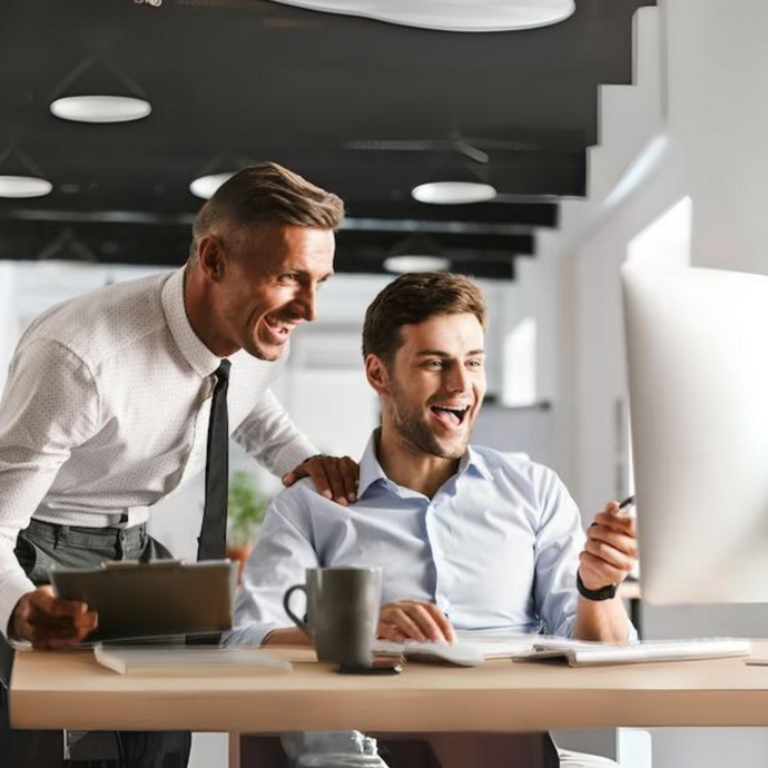 Two employees are looking at a computer and discussing work