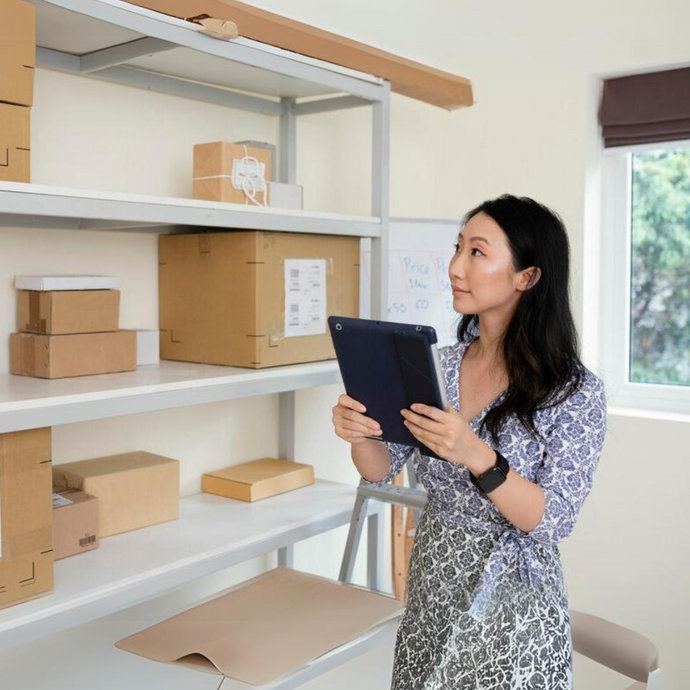 An employee is checking the stockroom inventory with a tablet to ensure it matches the system display