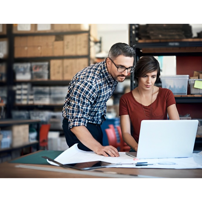 2 business partners looking at laptop to check inventory