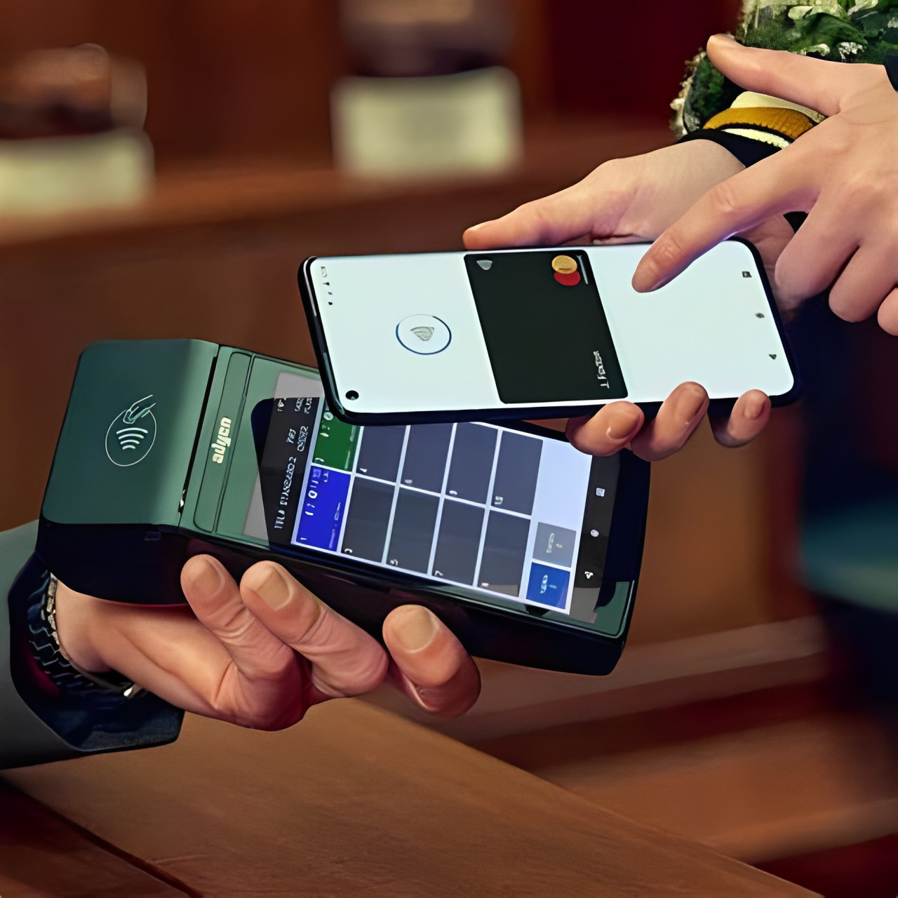 An Adyen POS machine alongside a customer holding a mobile phone for contactless payment