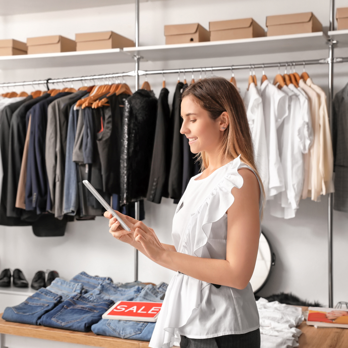 The business owner is using a tablet to review the store's operation reports