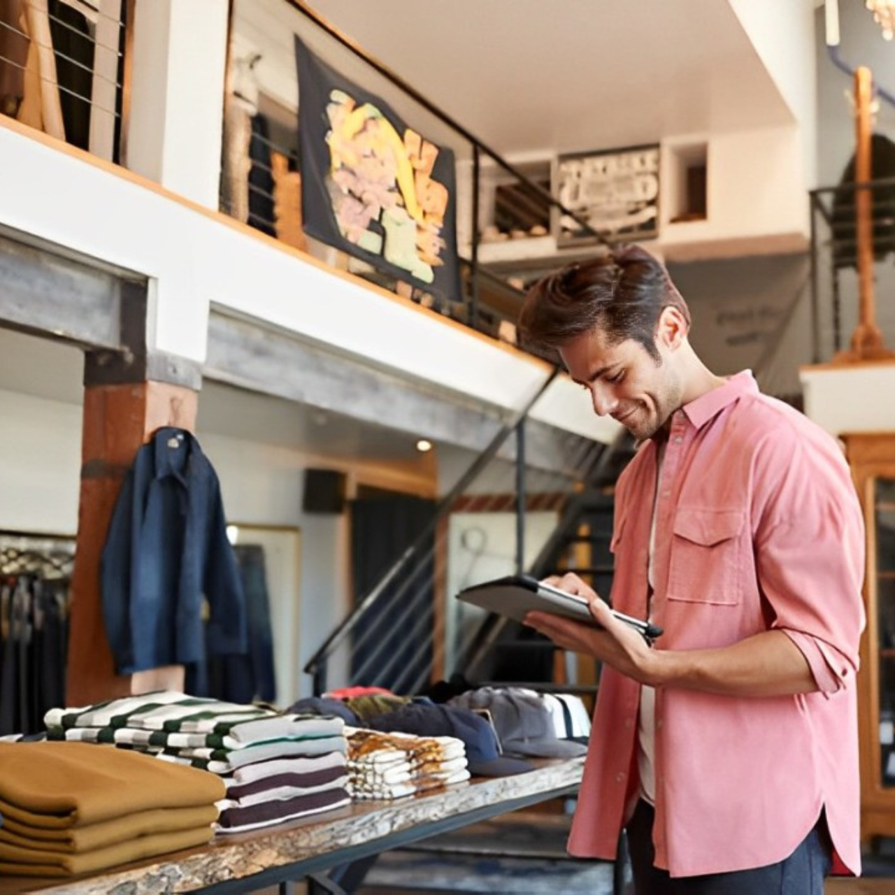 The male clothing store owner is using a tablet to check sales performance